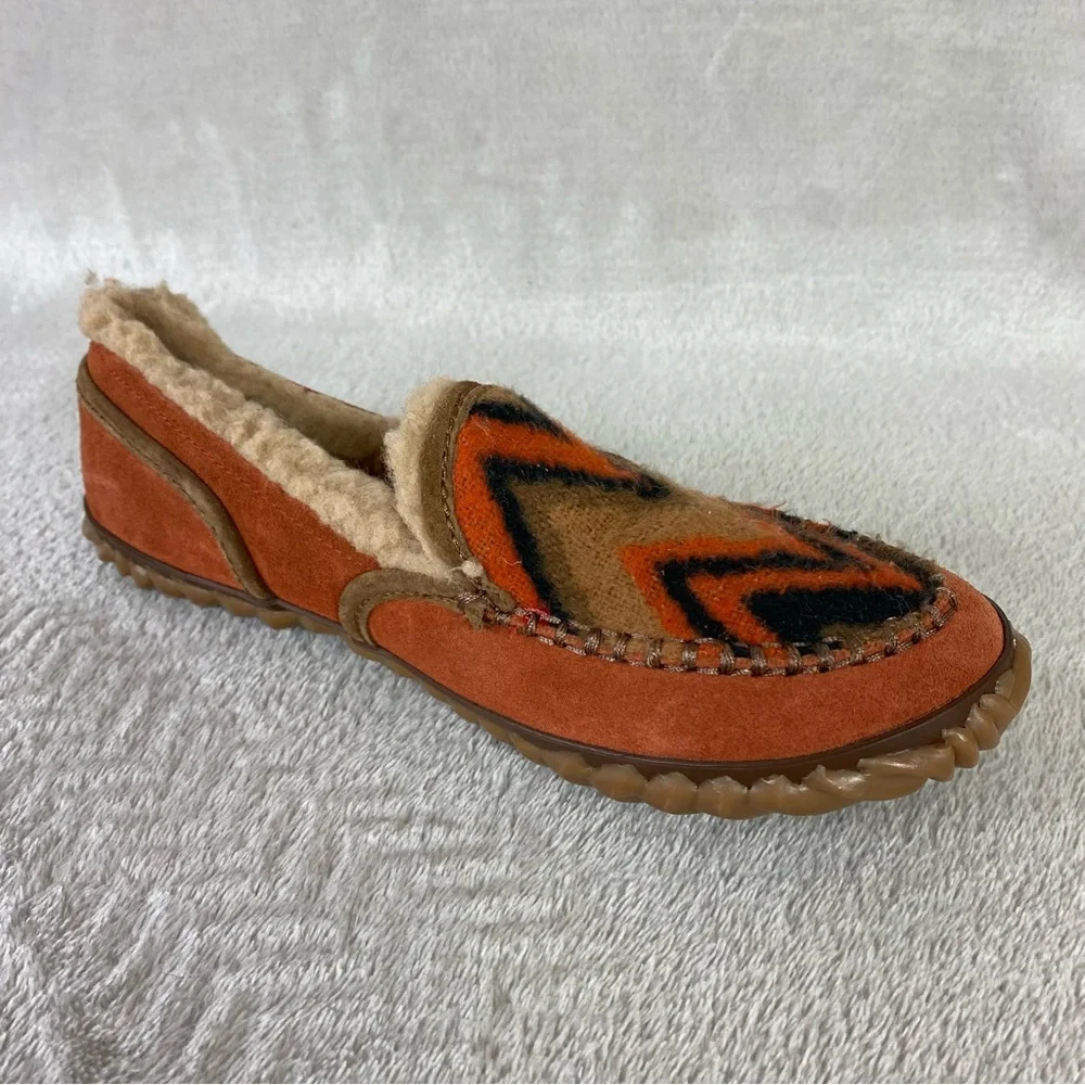 Sorel Tremblant Blanket Slipper Loafers Size 7 Brown Orange Sherpa Lined Moc - Picture 4 of 11